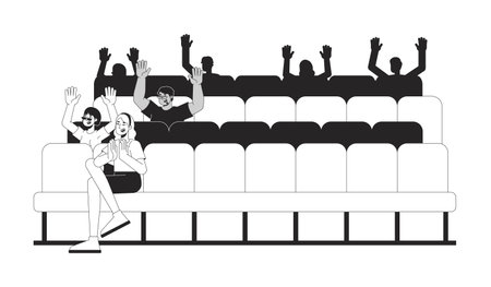 Theater audience clapping on seats black and white 2D line characters. Applause ovation. Excited viewers. Chairs spectators diverse isolated vector outline people. Monochromatic spot illustrationのイラスト素材