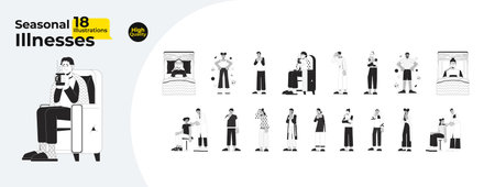 Seasonal illnesses black and white cartoon flat illustration bundle. Diverse people sick cold 2D lineart characters isolated. Winter sickness symptoms monochrome vector outline image collectionのイラスト素材