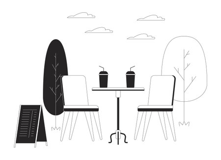 Outdoor cafe comfort black and white cartoon flat illustration. Table with drinks and chairs at open-air seating area 2D lineart items isolated. Summer restaurant monochrome scene vector outline imageのイラスト素材