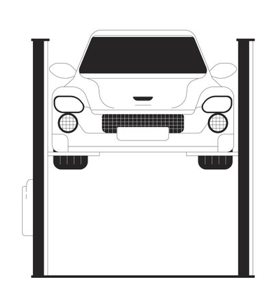 Car on elevator black and white 2D line cartoon object. Equipment for auto diagnostic in service shop isolated vector outline item. Vehicle repair technology monochromatic flat spot illustrationのイラスト素材