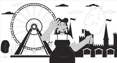 Plus sized latina woman visiting amusement park cartoon flat illustration. Positive curvy female holding cotton candy 2D character monochrome background. Lifestyle scene outline scene vector imageのイラスト素材