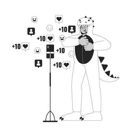 Kigurumi dinosaur man in front of phone camera black and white 2D line cartoon character. Glasses middle eastern guy isolated vector outline person. Dancing monochromatic flat spot illustrationのイラスト素材