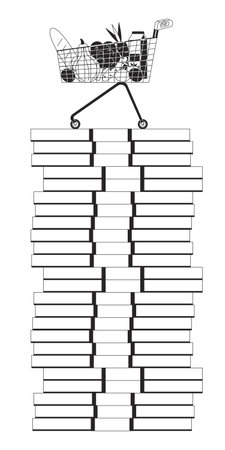 Shopping cart with food on money packs stack black and white 2D line cartoon object. Expensive grocery products isolated vector outline item. High prices monochromatic flat spot illustrationのイラスト素材