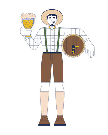 Happy caucasian man with beer cartoon flat illustration. Oktoberfest party european male guest 2D character isolated on white background. Traditional bavarian feast scene vector color imageのイラスト素材