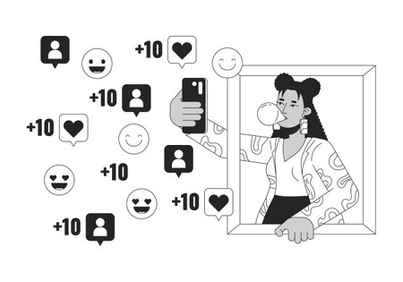 Latina girl taking selfie for social media black and white 2D line cartoon character. Hispanic woman smartphone isolated vector outline person. Fashion influencer monochromatic flat spot illustrationのイラスト素材