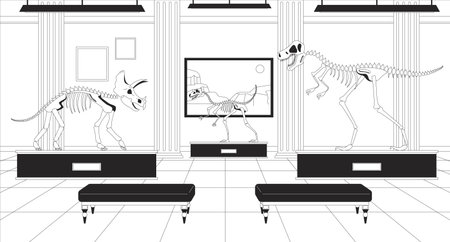 Dinosaur exhibition museum black and white line illustration. Natural history exhibits 2D interior monochrome background. Prehistoric times dino bones, fossils gallery outline scene vector imageのイラスト素材