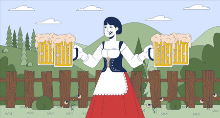 Asian waitress carrying beer at octoberfest flat illustration. Japanese female serving drinks at holiday 2D character cartoon background. Alcohol party at countryside scene vector storytelling imageのイラスト素材
