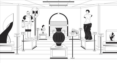 Historical museum black and white line illustration. Ancient statues, knight armor, amphora 2D interior monochrome background. Tourist attraction. Historic artifacts outline scene vector imageのイラスト素材