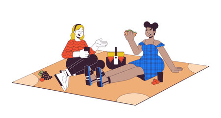Plus sized diverse women having picnic 2D linear cartoon characters. Obese friends eating outdoors isolated line vector people white background. Body positive color flat spot illustrationのイラスト素材