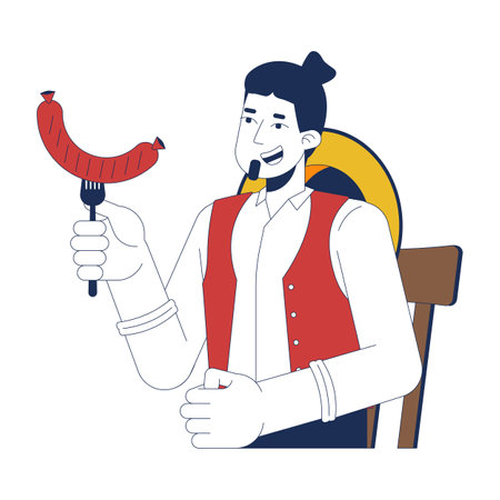 Joyful caucasian man eating grilled sausage 2D cartoon character. European male holding meat snack at oktoberfest isolated person flat vector on white background. Spot illustration colorfulのイラスト素材