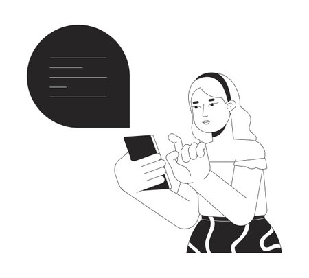 Curvy european woman talking in chat black and white 2D line cartoon character. Plus sized female using cellphone isolated vector outline person. Life with obesity monochromatic flat spot illustrationのイラスト素材