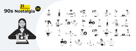 Nostalgic 1980s people black and white cartoon flat illustration bundle. Style retro teenagers...
