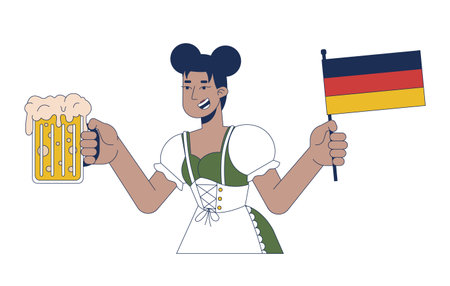 African american waitress holding beer and flag of germany 2D cartoon character. Black female in dirndl at oktoberfest isolated person flat vector on white background. Spot illustration colorfulのイラスト素材