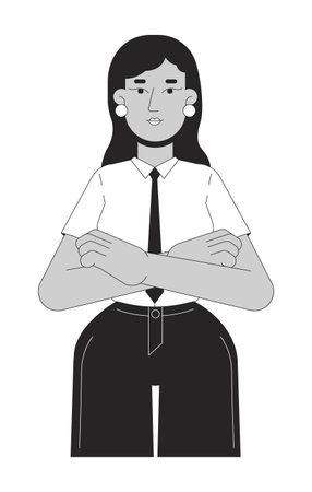 Positive Indian woman leader 2D linear cartoon character. South asian businesswoman with crossed arms isolated vector outline person. Female leader look monochromatic flat spot illustrationのイラスト素材