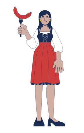 Indian woman in dirndl holding grilled sausage 2D cartoon character. South asian female tourist visiting oktoberfest isolated person flat vector on white background. Spot illustration colorfulのイラスト素材