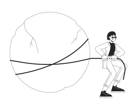 Decisive asian businesswoman pulling huge rock 2D linear cartoon character. Hard working Korean female isolated vector outline person. Determination monochromatic flat spot illustrationのイラスト素材