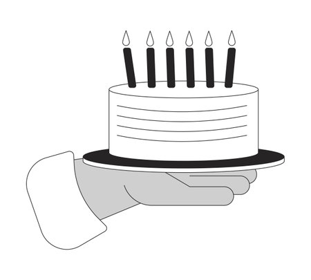 Birthday cake with burning candles showing cartoon human hand outline illustration. Festive dessert 2D isolated black and white vector image. Holiday confectionery flat monochromatic drawing clip artのイラスト素材
