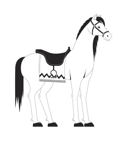 Saddled purebred horse 2D cartoon character. Equine animal ready for riding training isolated flat vector animal white background. Hippotherapy session at country ranch color spot illustrationのイラスト素材