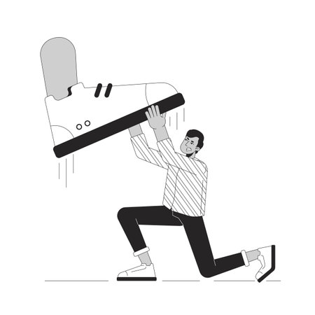 Oppressed man resists social pressure black and white 2D illustration concept. Indian guy fighting big foot crushing outline character isolated. Confrontation metaphor monochrome vector artのイラスト素材