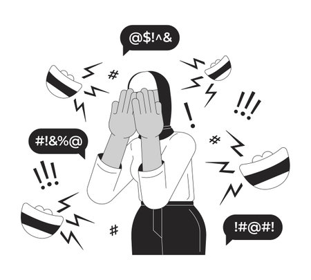 Bullying of Muslim hijab black and white 2D illustration concept. Headscarf arabic woman covering eyes in pain outline character isolated. Islamophobia verbal abuse metaphor monochrome vector artのイラスト素材