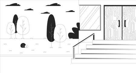 Stairs building exterior black and white line illustration. School staircase facility outside 2D line cityscape monochrome background. Inaccessible city for disability users outline vector imageのイラスト素材