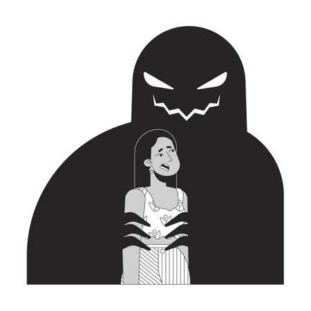 Manipulator behavior black and white 2D illustration concept. Abuse victim young adult Indian woman scared outline character isolated. Horror danger. Predatory behavior metaphor monochrome vector artのイラスト素材