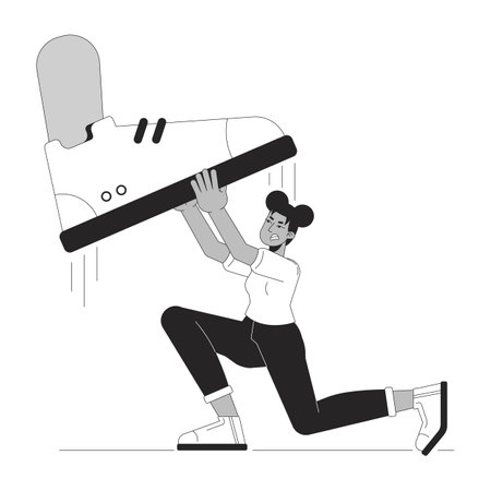 Oppressed female pressure resistance black and white 2D illustration concept. Black woman fighting giant foot step outline character isolated. Trampled underfoot metaphor monochrome vector artのイラスト素材