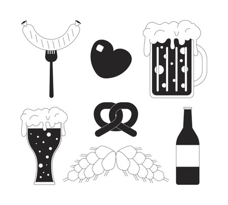 Fresh beer with snacks and ingredients black and white 2D line objects set. Oktoberfest holiday traditional attributes isolated clip arts vector outline items collection. Monochrome spot illustrationsのイラスト素材