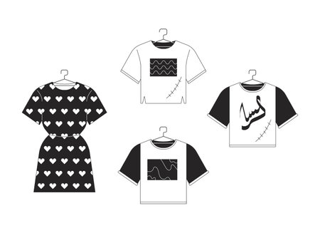 New and repaired clothes black and white 2D line cartoon objects set. Clothing reusing to reduce consumption isolated vector outline item. Fast fashion monochromatic flat spot illustrationsのイラスト素材