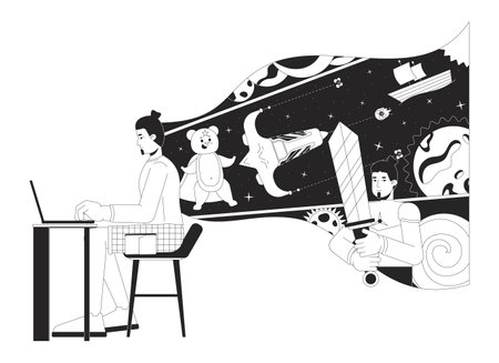 Storytelling by talented man author black and white 2D illustration concept. Caucasian male writer at laptop cartoon character isolated on white. Fantasy world metaphor monochrome vector artのイラスト素材