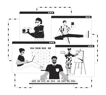 Remote work black and white 2D illustration concept. Multiethnic people with home based jobs cartoon outline characters isolated on white. Telecommuting services metaphor monochrome vector artのイラスト素材
