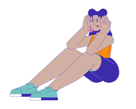Exhausted worried latina woman holding head 2D cartoon character. Desperate looking hispanic female isolated flat vector person white background. Migraine anxious color spot illustrationのイラスト素材