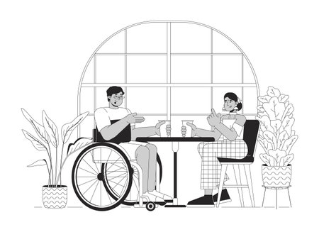 Visit cafe with disabled friend line black and white line illustration. Arab man in wheelchair and Indian female 2D lineart characters isolated. Dinner monochrome scene vector outline imageのイラスト素材
