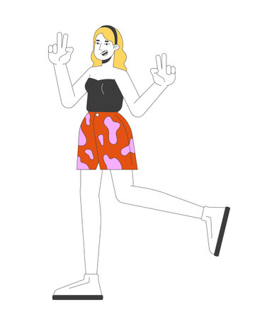 Happy european woman showing peace gestures 2D linear cartoon character. Young caucasian female having fun isolated line vector person white background. Positive attitude color flat spot illustrationのイラスト素材