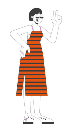 Cheerful asian woman with v gesture 2D linear cartoon character. Happy japanese lady shows positive emotions isolated line vector person white background. Having some fun color flat spot illustrationのイラスト素材