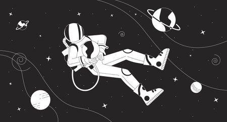 Astronaut in outer space black and white lofi wallpaper. Explorer in protective suit among celestial bodies 2D outline cartoon flat illustration. Cosmos depth vector line lo fi aesthetic backgroundのイラスト素材