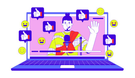 Popular video blogger 2D linear illustration concept. Caucasian male podcaster on laptop cartoon character isolated on white. Social media popularity metaphor abstract flat vector outline graphicのイラスト素材
