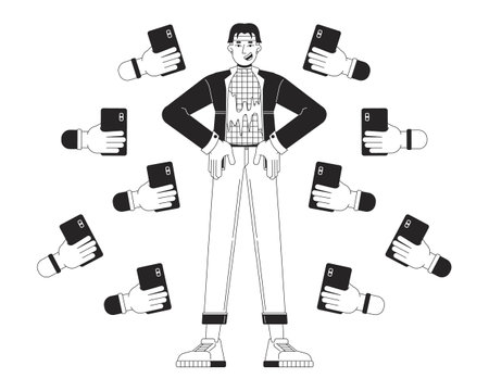 Fans taking pictures of male celebrity black and white 2D illustration concept. Fashion idol korean man cartoon outline character isolated on white. Asian public figure metaphor monochrome vector artのイラスト素材