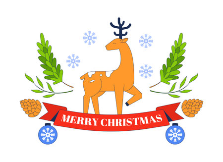 Merry Christmas greeting with reindeer xmas 2D illustration concept. Deer pine pinecones snowflakes baubles cartoon postcard isolated on white. Christmastime metaphor abstract flat vector graphicのイラスト素材