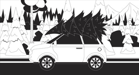Carrying Christmas tree on car black and white line illustration. Transporting fir spruce on automobile roof 2D object monochrome background. Auto riding through winter woods outline vector imageのイラスト素材
