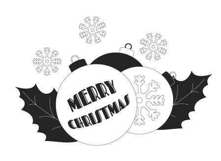 Merry Christmas baubles holly snowflakes black and white 2D illustration concept. Congratulations Xmas ornaments outline postcard isolated. Yuletide festive balls metaphor monochrome vector artのイラスト素材