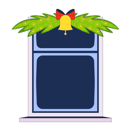 Window with Christmas decorations 2D cartoon object. Christmastime decorative. House interior evergreen branches Xmas bell isolated element flat vector clipart on white background. Spot illustrationのイラスト素材