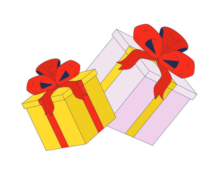 Ribbons gift boxes 2D cartoon object. Birthday presents. Donation giveaway. Thanks packages give away. Giftboxes bows isolated element flat vector clipart on white background. Spot illustrationのイラスト素材
