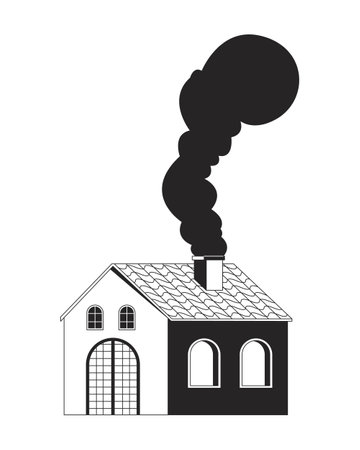 Small house with chimney smoke black and white 2D line object. Bungalow cottage. Rural residential home. Building exterior isolated clip art vector outline item. Monochromatic spot illustrationのイラスト素材