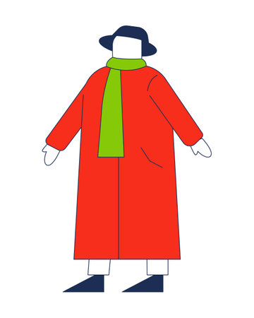 Winter coat woman in scarf knitted and felt hat 2D cartoon character. Fashion model female outerwear clothing doll dummy isolated person flat vector on white background. Spot illustration colorfulのイラスト素材