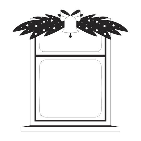 Window with Christmas decorations black and white 2D line object. Christmastime. House interior evergreen branches Xmas bell isolated clip art vector outline item. Monochromatic spot illustrationのイラスト素材