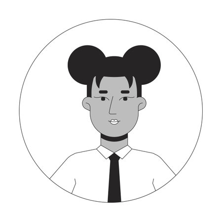 Two buns hairstyle african american woman shirt tie black and white 2D avatar illustration. Black...