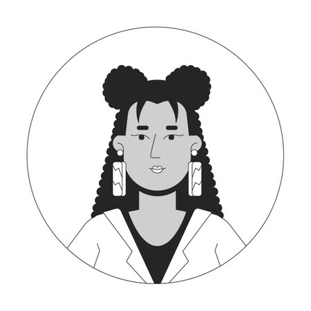Hispanic curly hair woman in hoodie black and white 2D avatar illustration. Latina female with large earrings outline vector character face isolated. Round frame user profile image portraitのイラスト素材