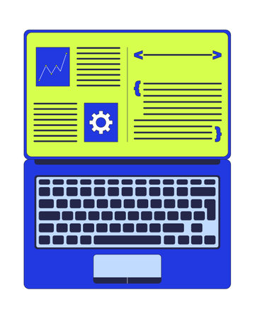 Open laptop screen with programming software 2D cartoon object. Gear chart brackets. Notebook display with coding text isolated element flat vector clipart on white background. Spot illustrationのイラスト素材