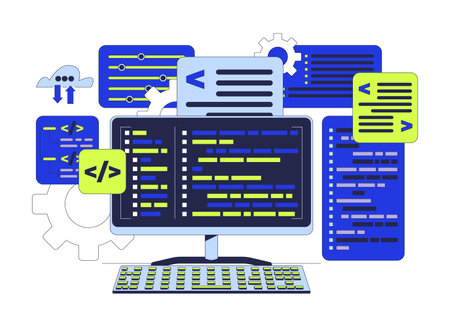 Programming computing 2D cartoon object. Backend program coding. Computer keyboard with syntax codes. Back-end development isolated element flat vector clipart on white background. Spot illustrationのイラスト素材
